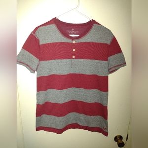 Boys L American Eagle Henley Short Sleeve Tee - Stripes Gray/Maroon